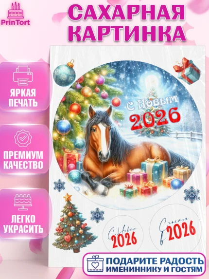 Сахарная картинка, Год лошади 2026, Новый год, 2026, лошадь, лошадка, Ёлка, дед Мороз, год лошади, арт. PT121328