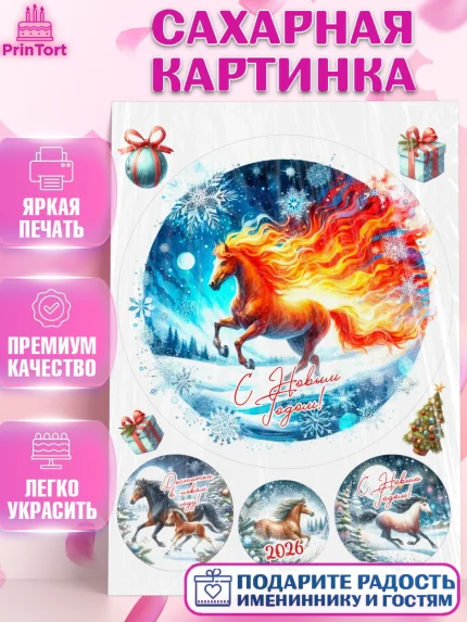 Сахарная картинка, Год лошади 2026, Новый год, 2026, лошадь, лошадка, Ёлка, дед Мороз, год лошади, арт. PT121329