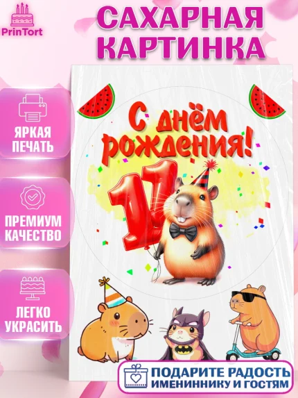 Сахарная картинка, День рождения, Капибара, праздник, Девочка, 11 лет, арт. PT121398