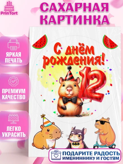 Сахарная картинка, День рождения, Капибара, праздник, Девочка, 12 лет, арт. PT121399