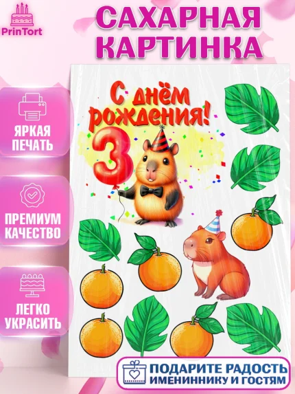Сахарная картинка, День рождения, Капибара, праздник, Девочка, 3 года, арт. PT121402