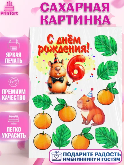 Сахарная картинка, День рождения, Капибара, праздник, Девочка, 6 лет, арт. PT121405