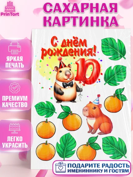 Сахарная картинка, День рождения, Капибара, праздник, Девочка, 10 лет, арт. PT121409