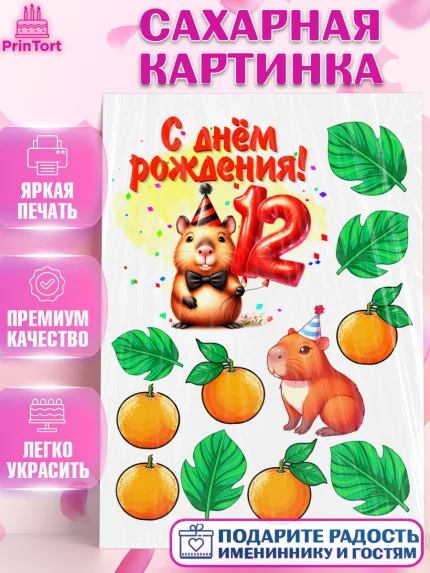 Сахарная картинка, День рождения, Капибара, праздник, Девочка, 12 лет, арт. PT121411