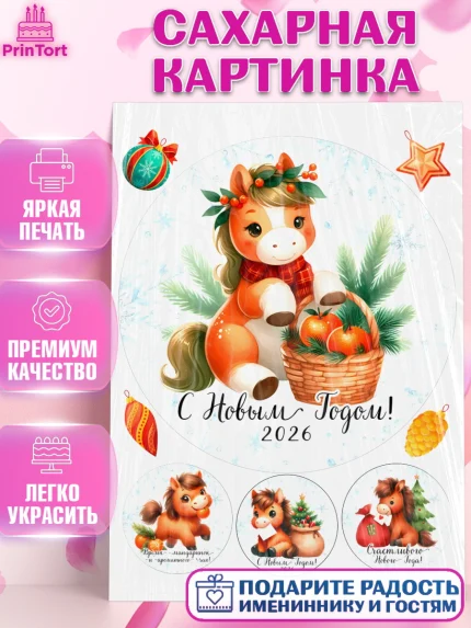 Сахарная картинка, Новый год, 2026, лошадь, лошадка, Ёлка, дед Мороз, год лошади, новогодние игрушки, арт. PT121414
