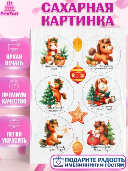 Сахарная картинка, Новый год, 2026, лошадь, лошадка, Ёлка, дед Мороз, год лошади, новогодние игрушки, арт. PT121424