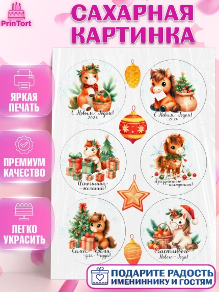 Сахарная картинка, Новый год, 2026, лошадь, лошадка, Ёлка, дед Мороз, год лошади, новогодние игрушки, арт. PT121425