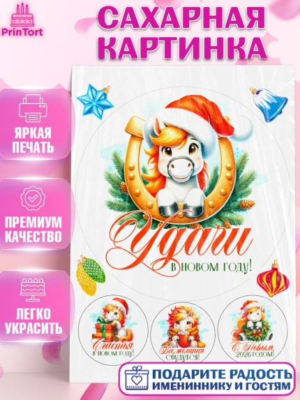Сахарная картинка, Новый год, 2026, лошадь, лошадка, Ёлка, год лошади, новогодние игрушки, Девочка, арт. PT121428