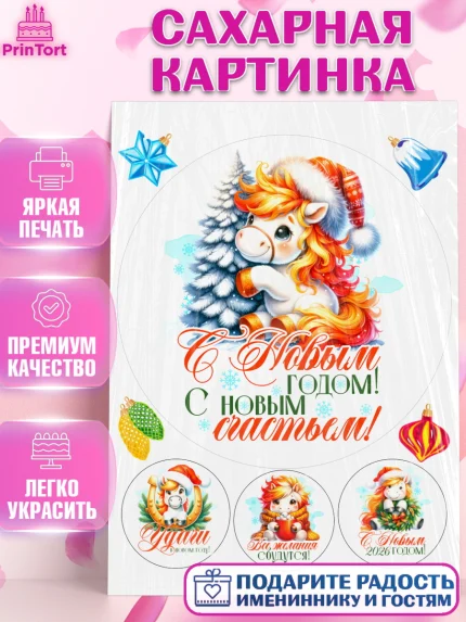 Сахарная картинка, Новый год, 2026, лошадь, лошадка, Ёлка, год лошади, новогодние игрушки, Девочка, арт. PT121429