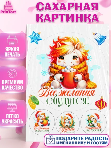 Сахарная картинка, Новый год, 2026, лошадь, лошадка, Ёлка, год лошади, новогодние игрушки, Девочка, арт. PT121430