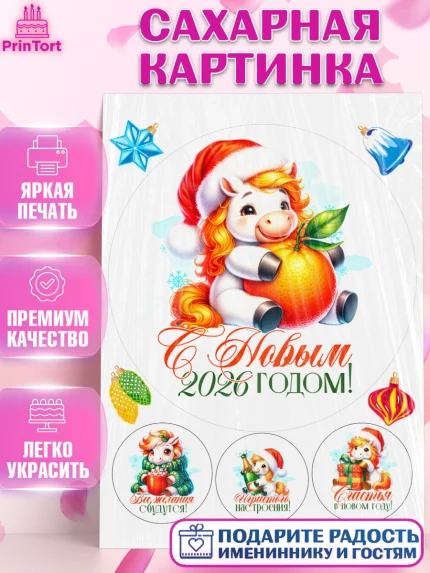 Сахарная картинка, Новый год, 2026, лошадь, лошадка, Ёлка, год лошади, новогодние игрушки, Девочка, арт. PT121431