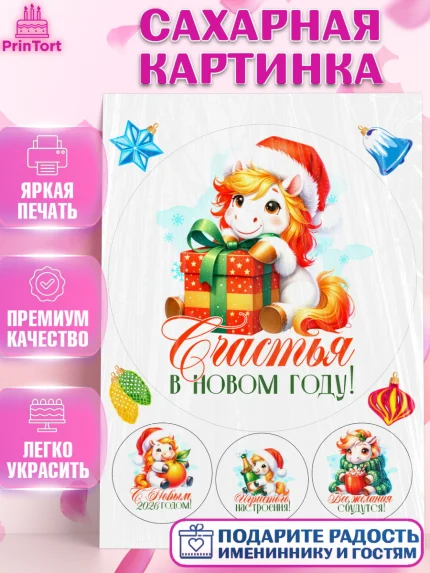 Сахарная картинка, Новый год, 2026, лошадь, лошадка, Ёлка, год лошади, новогодние игрушки, Девочка, арт. PT121432