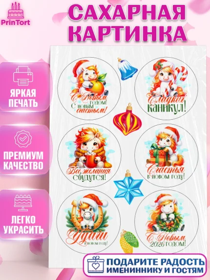 Сахарная картинка, Новый год, 2026, лошадь, лошадка, Ёлка, год лошади, новогодние игрушки, Девочка, арт. PT121440