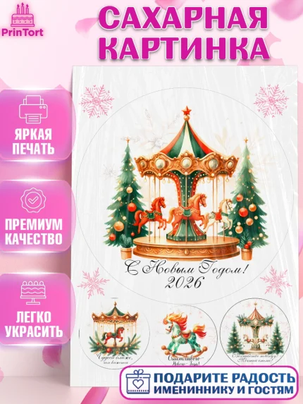 Сахарная картинка, Новый год, 2026, лошадь, лошадка, Ёлка, год лошади, новогодние игрушки, Девочка, арт. PT121446