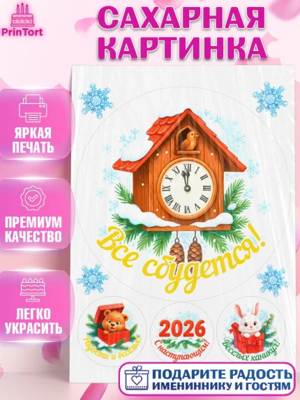 Сахарная картинка, Новый год, 2026, лошадь, лошадка, Ёлка, год лошади, новогодние игрушки, звери, арт. PT121459