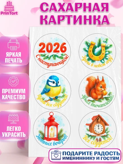 Сахарная картинка, Новый год, 2026, лошадь, лошадка, Ёлка, год лошади, новогодние игрушки, звери, арт. PT121470