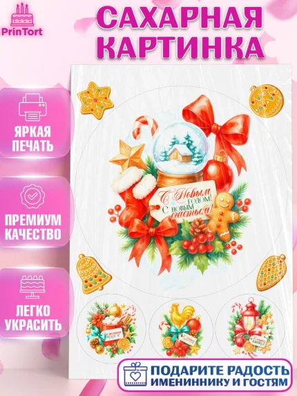Сахарная картинка, Новый год, 2026, лошадь, лошадка, Ёлка, год лошади, новогодние игрушки, звери, арт. PT121776