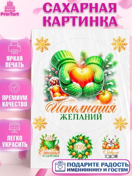 Сахарная картинка, Новый год, 2026, лошадь, лошадка, Ёлка, год лошади, новогодние игрушки, звери, арт. PT121827