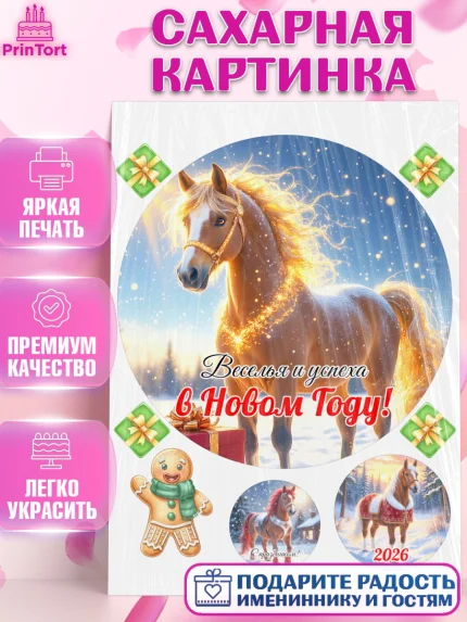 Сахарная картинка, Новый год, 2026, лошадь, лошадка, Ёлка, год лошади, новогодние игрушки, звери, арт. PT121854