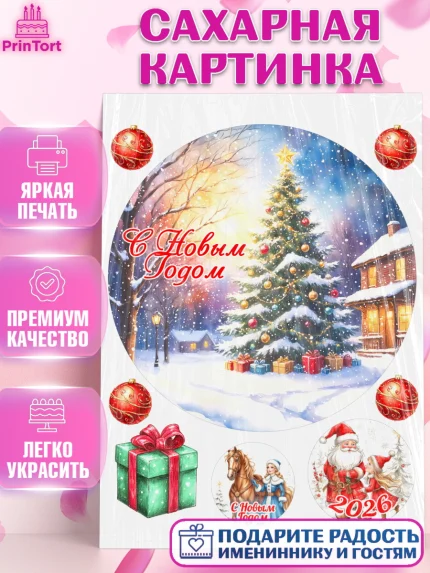 Сахарная картинка, Новый год, 2026, лошадь, лошадка, Ёлка, год лошади, новогодние игрушки, звери, арт. PT121860