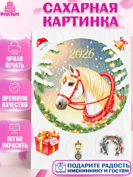 Сахарная картинка, Новый год, 2026, лошадь, лошадка, Ёлка, год лошади, новогодние игрушки, звери, арт. PT121864