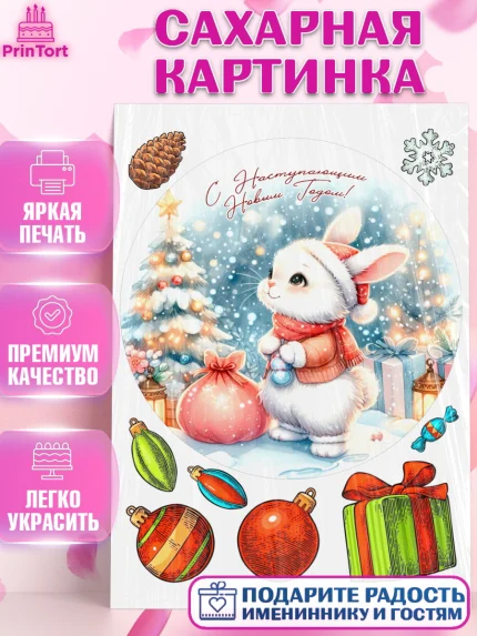 Сахарная картинка, Новый год, 2026, лошадь, лошадка, Ёлка, год лошади, новогодние игрушки, звери, арт. PT121932