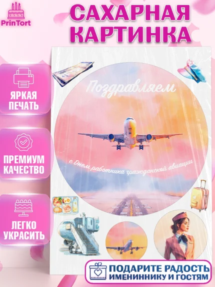 Сахарная картинка, Авиация, пилот, стюардесса, самолет, путешествие, автопилот, билет, паспорт, арт. PT122549