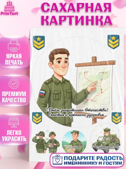 Сахарная картинка, 23 февраля, День защитника отечества, военный, мужчина, танк, самолет, фуражка, арт. PT122753