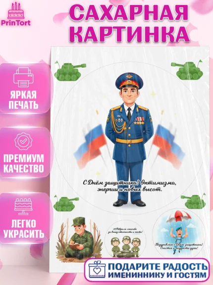 Сахарная картинка, 23 февраля, День защитника отечества, военный, мужчина, танк, самолет, фуражка, арт. PT122759
