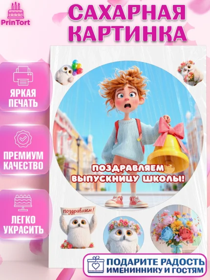 Сахарная картинка, Выпускной в школе, Прикольные поздравления с выпускным в школе, Девочка, арт. PT123508