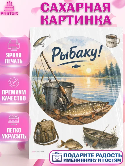 Сахарная картинка, Рыбаку, Лучшему рыбаку. Рыба, удочка, сети, лодка, Мужчина, арт. PT123587