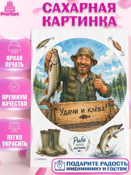 Сахарная картинка, Рыбаку, Лучшему рыбаку. Рыба, удочка, сети, лодка, Мужчина, арт. PT123589