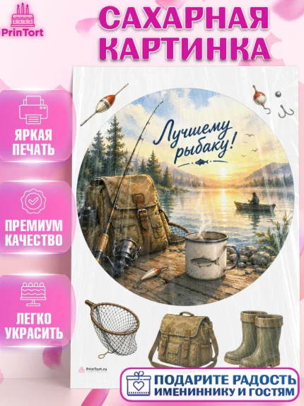 Сахарная картинка, Рыбаку, Лучшему рыбаку. Рыба, удочка, сети, лодка, Мужчина, арт. PT123591