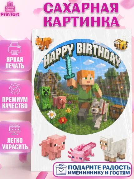 Сахарная картинка, Майнкрафт, Игра майнкрафт, Minecraft, Девочка, День рождения, арт. PT124455