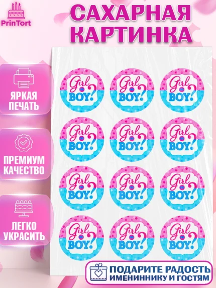 Сахарная картинка, Гендер пати, Мальчик или Девочка, Девочка, День рождения, арт. PT124616