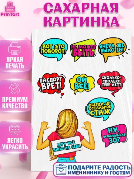 Сахарная картинка, Девушка, Поп Арт, Девочка, День рождения, арт. PT124653