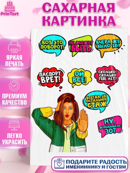 Сахарная картинка, Девушка, Поп Арт, Девочка, День рождения, арт. PT124654