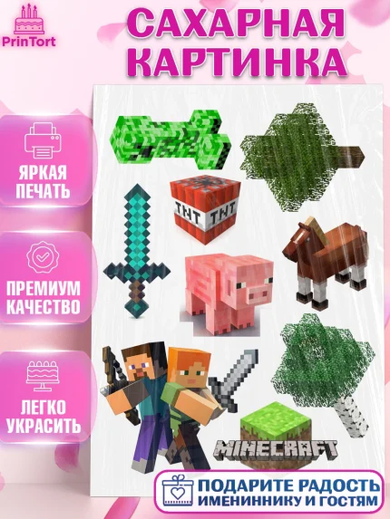 Сахарная картинка, Майнкрафт, Minecraft, Мальчик, День рождения, арт. PT125540