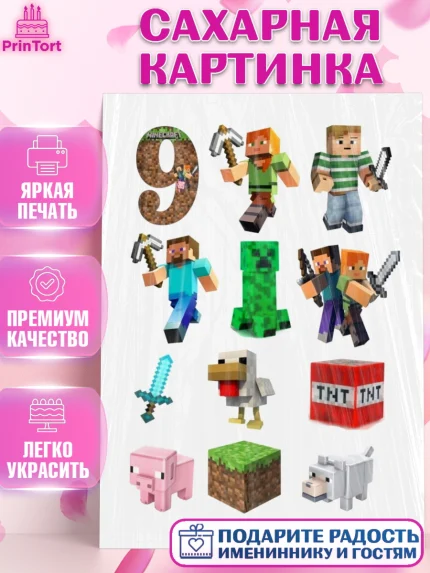 Сахарная картинка, Майнкрафт, Minecraft, Мальчик, 9 лет, День рождения, арт. PT125541