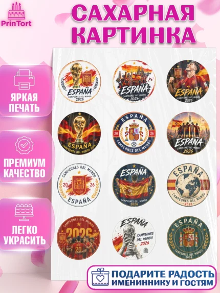 Сахарная картинка, Сборная Испании, Сборная Испании с кубком, Девочка, Без конкретного повода, арт. PT126336