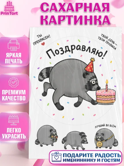 Сахарная картинка, Енот Джимити, Мальчик, День рождения, арт. PT127388