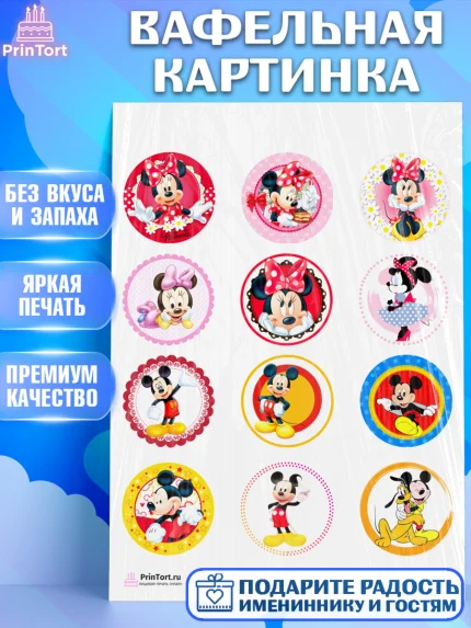 Вафельная картинка, Микки Маус, Минни Маус, Девочка, День рождения, арт. PT203365