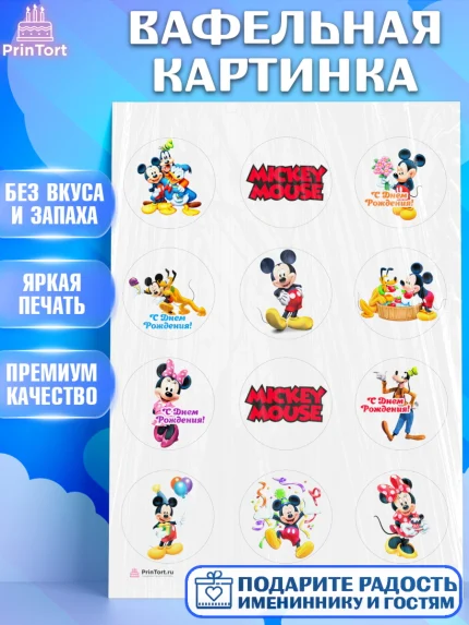 Вафельная картинка, Микки Маус, Минни Маус, Гуфи, Дональд Дак, Девочка, День рождения, арт. PT206684
