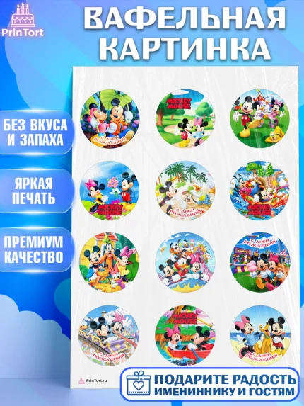 Вафельная картинка, Микки Маус, Минни Маус, Гуфи, Дональд Дак, Девочка, День рождения, арт. PT206691