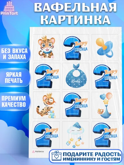 Вафельная картинка, Мальчику 2 месяца, Мальчик, 2 месяца, День рождения, арт. PT208003