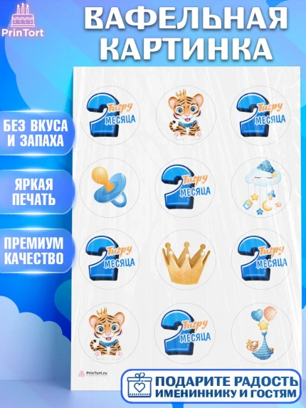 Вафельная картинка, Мальчику 2 месяца, Мальчик, 2 месяца, День рождения, арт. PT208004
