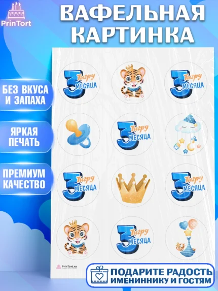 Вафельная картинка, Мальчику 3 месяца, Мальчик, 3 месяца, День рождения, арт. PT208024