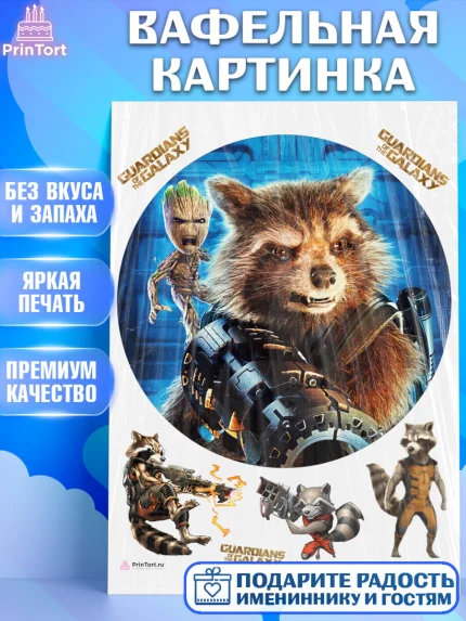 Вафельная картинка, Стражи Галактики, Енот, Девочка, День рождения, арт. PT208193