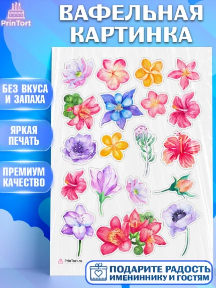 Вафельная картинка, Цветы, Украшение для торта, Декор выпечки, Девочка, День рождения, арт. PT208560