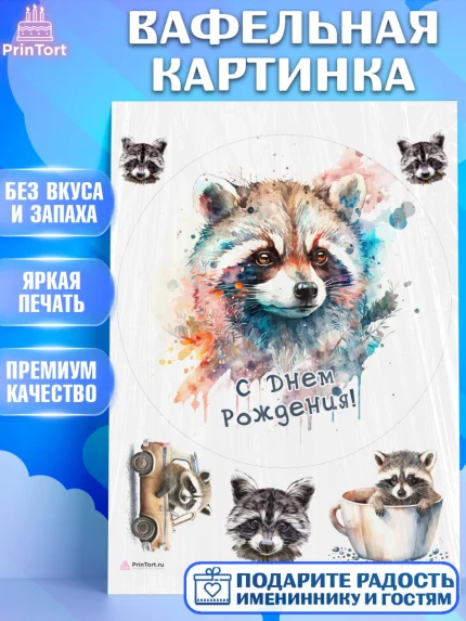Вафельная картинка, Енот, Животные, Девочка, День рождения, арт. PT211446